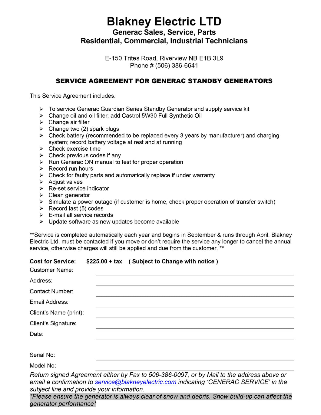 Generac Air-Cooled Service Agreement